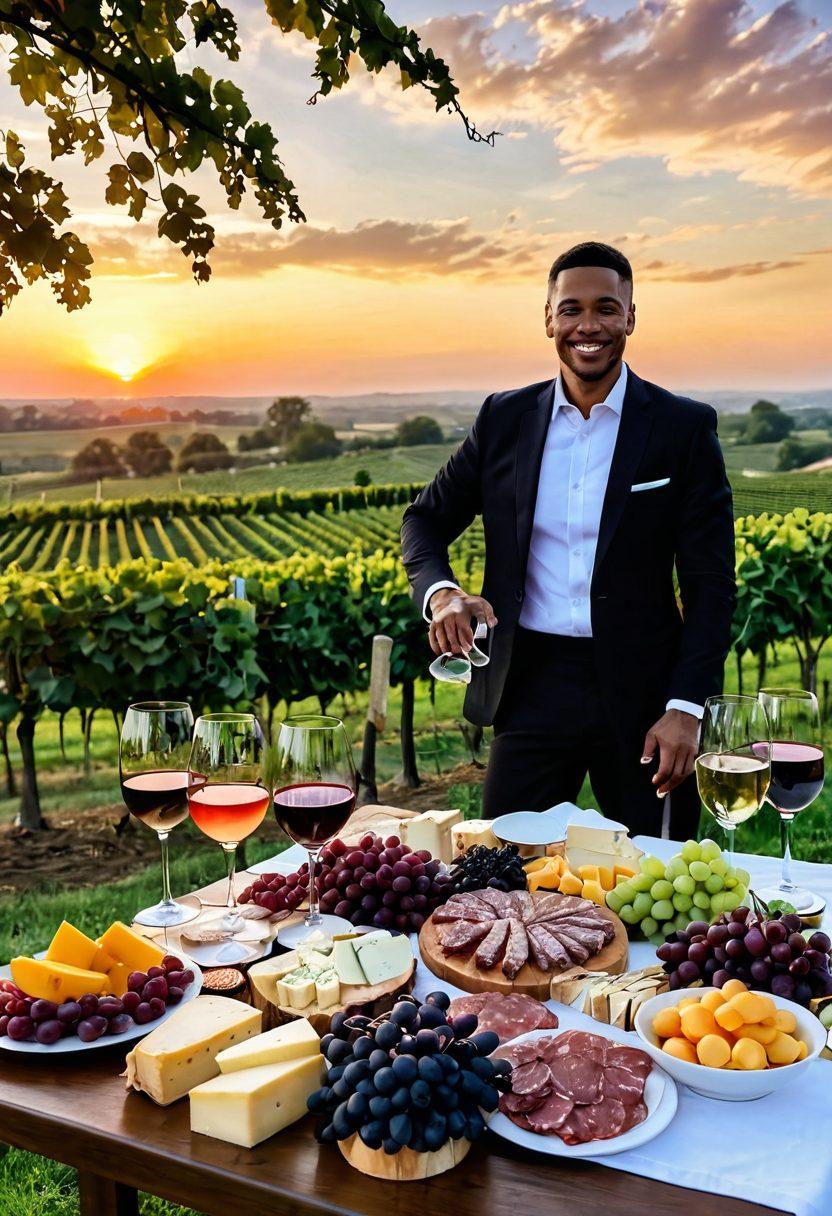 A beautifully arranged wooden table covered with different types of wine glasses filled with red, white, and rosé wines, surrounded by gourmet food pairings like cheese, charcuterie, and fruits. In the background, a scenic vineyard landscape under a sunset sky in New Jersey, showcasing lush grapevines. An elegant sommelier holding a wine bottle is leaning over the table with a welcoming smile. Captivating and warm atmosphere that invites the viewer into the world of wine culture. super-realistic. vibrant colors. soft focus.