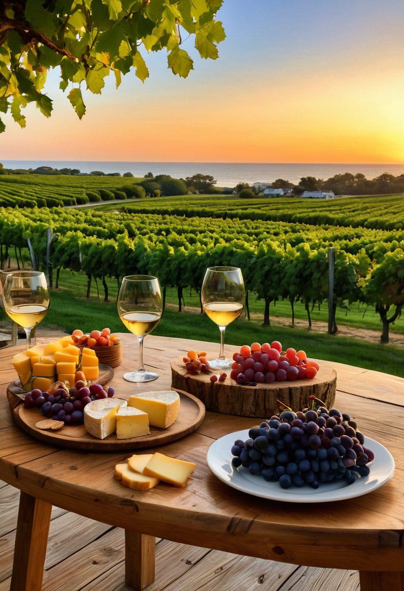 A scenic view of a charming vineyard in Asbury Park, NJ, showcasing lush grapevines under a golden sunset, with a rustic wooden table set for a wine tasting featuring elegant wine glasses and a cheese platter. Include people enjoying the experience, laughing and conversation, with the ocean in the background. Emphasize vibrant colors and warm lighting to convey a welcoming atmosphere. super-realistic. vibrant colors.