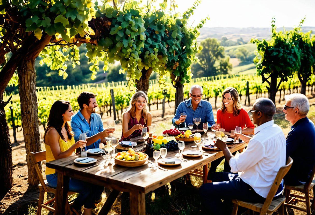 A vibrant vineyard scene bathed in golden sunlight, with diverse groups of people enjoying a wine tasting event, glasses raised in joyful camaraderie. In the background, lush grapevines stretch into the horizon and a rustic wooden table laden with colorful cheese and fruit platters enhances the festive atmosphere. Warm, inviting colors to evoke a sense of community and togetherness. super-realistic. vibrant colors.